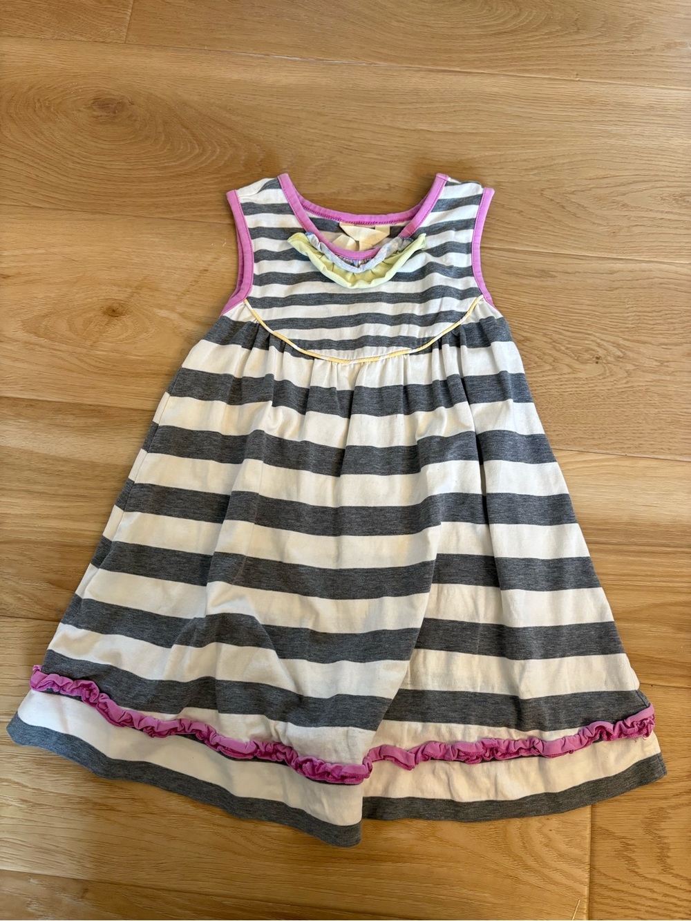 Matilda Jane Gray and White Striped Sleeveless Dress with Pink Trim